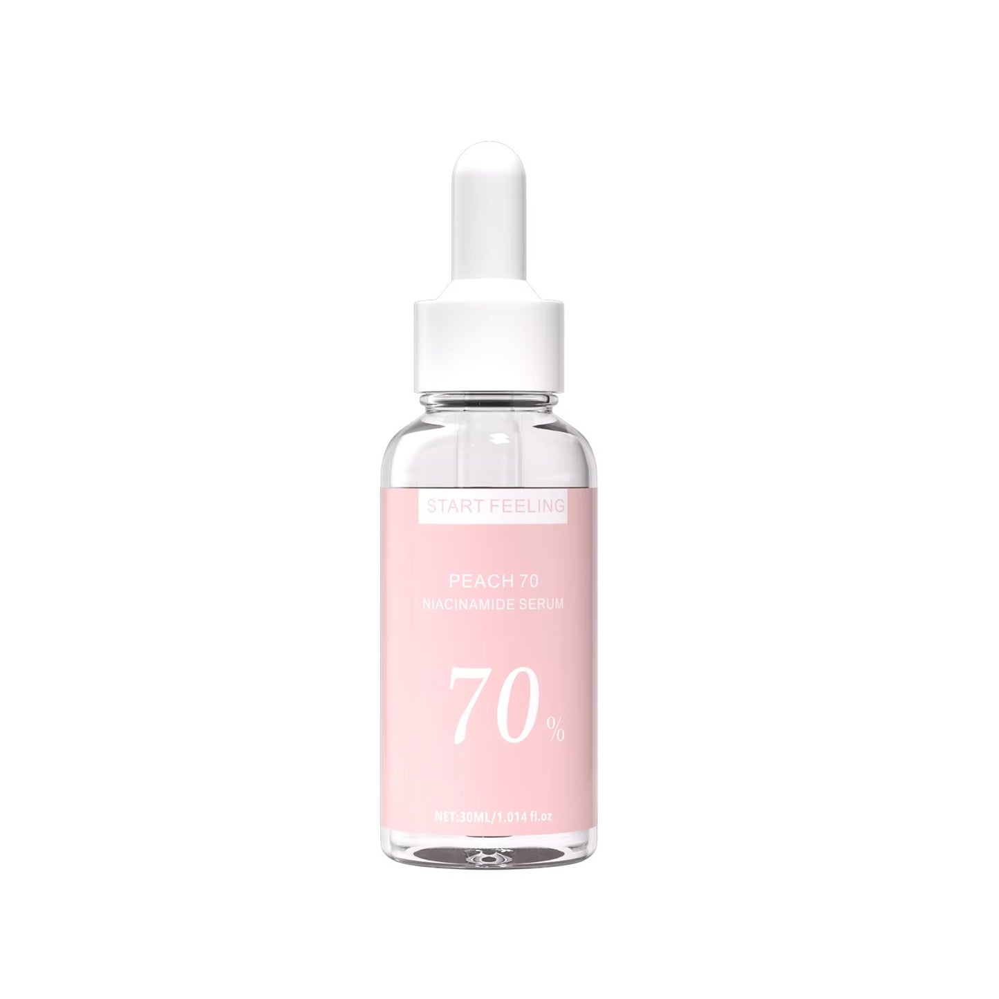 Clear glass peach niacinamide serum bottle isolated on plain white background