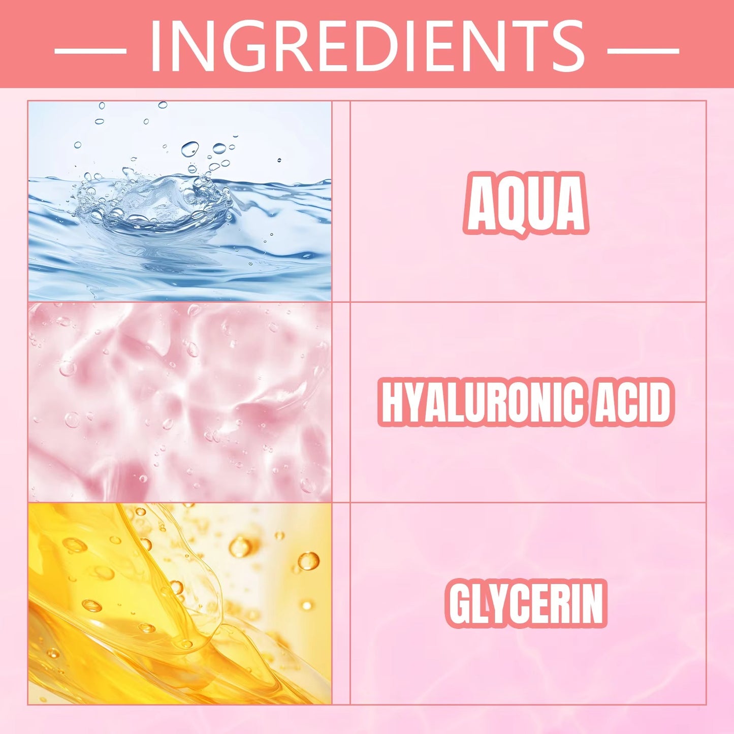 Main ingredients chart for hydrating facial serum, aqua hyaluronic acid glycerin display