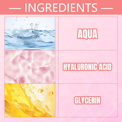 Main ingredients chart for hydrating facial serum, aqua hyaluronic acid glycerin display