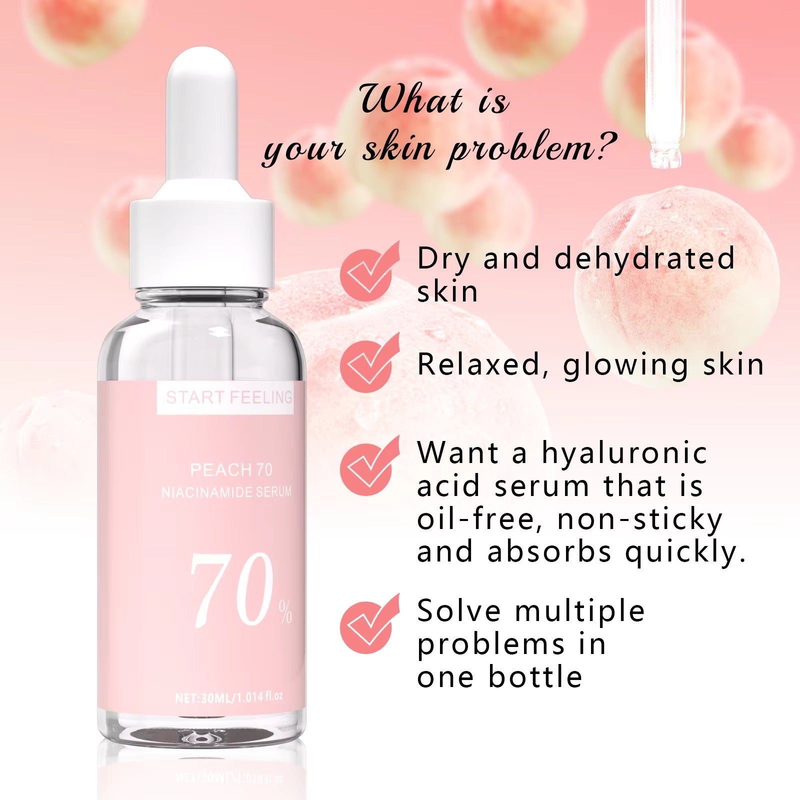 Peach niacinamide facial serum, multi-effect hydrating essence solves dry dull skin issues