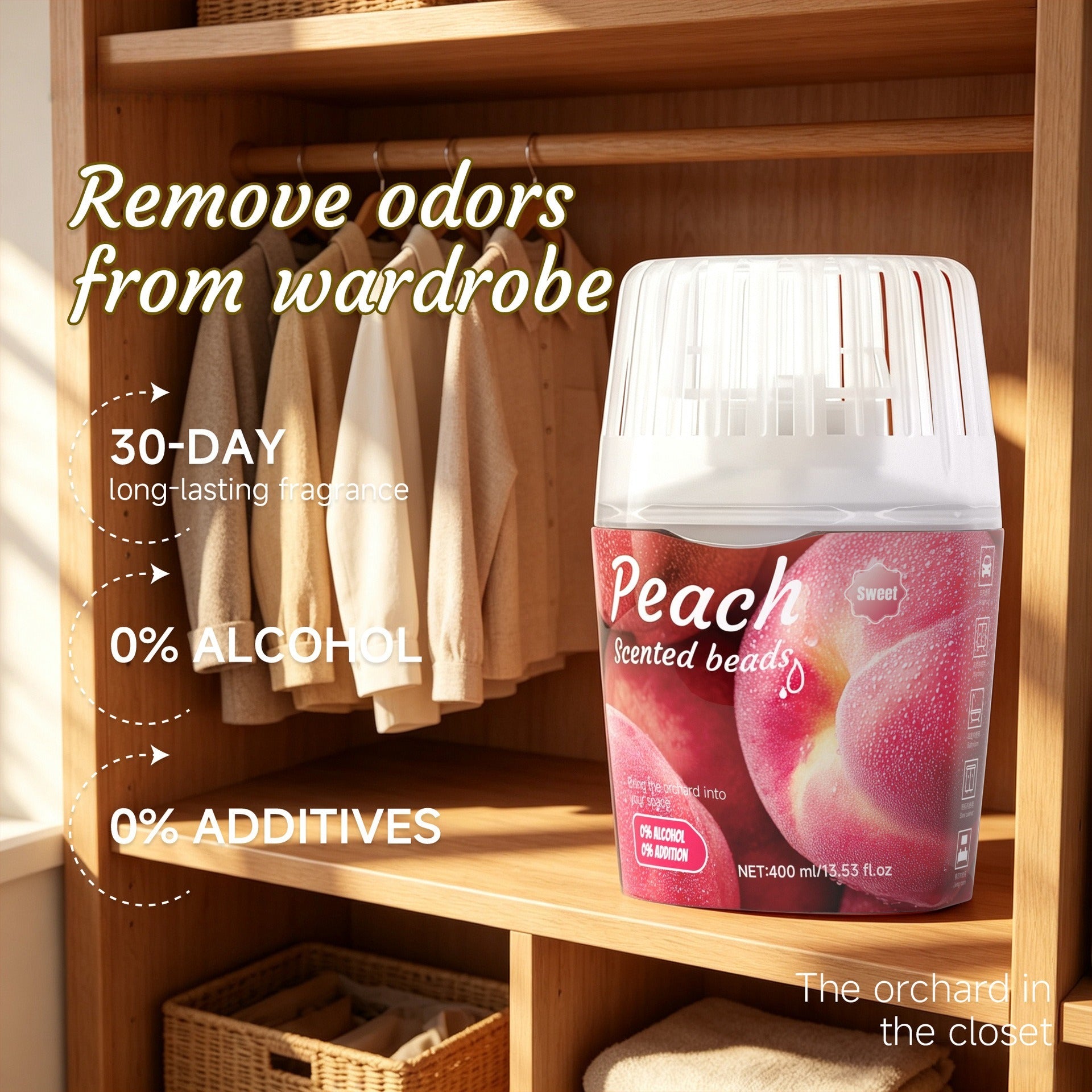 Peach scented beads wardrobe deodorizer 30-day long lasting fragrance no additives