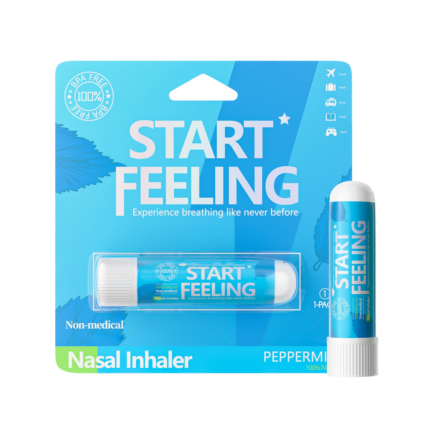 Single peppermint nasal inhaler blister pack displayed next to a separate inhaler stick