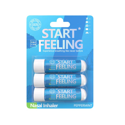 Three peppermint nasal inhalers packed in one retail hanging blister card