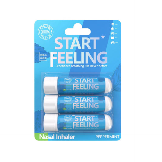 Three peppermint nasal inhalers packed in one retail hanging blister card