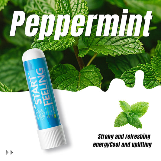 Peppermint refreshing nasal inhaler displayed against lush fresh mint leaves