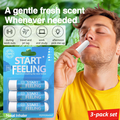 Three pack peppermint nasal inhaler set shown with real inhalation usage demonstration