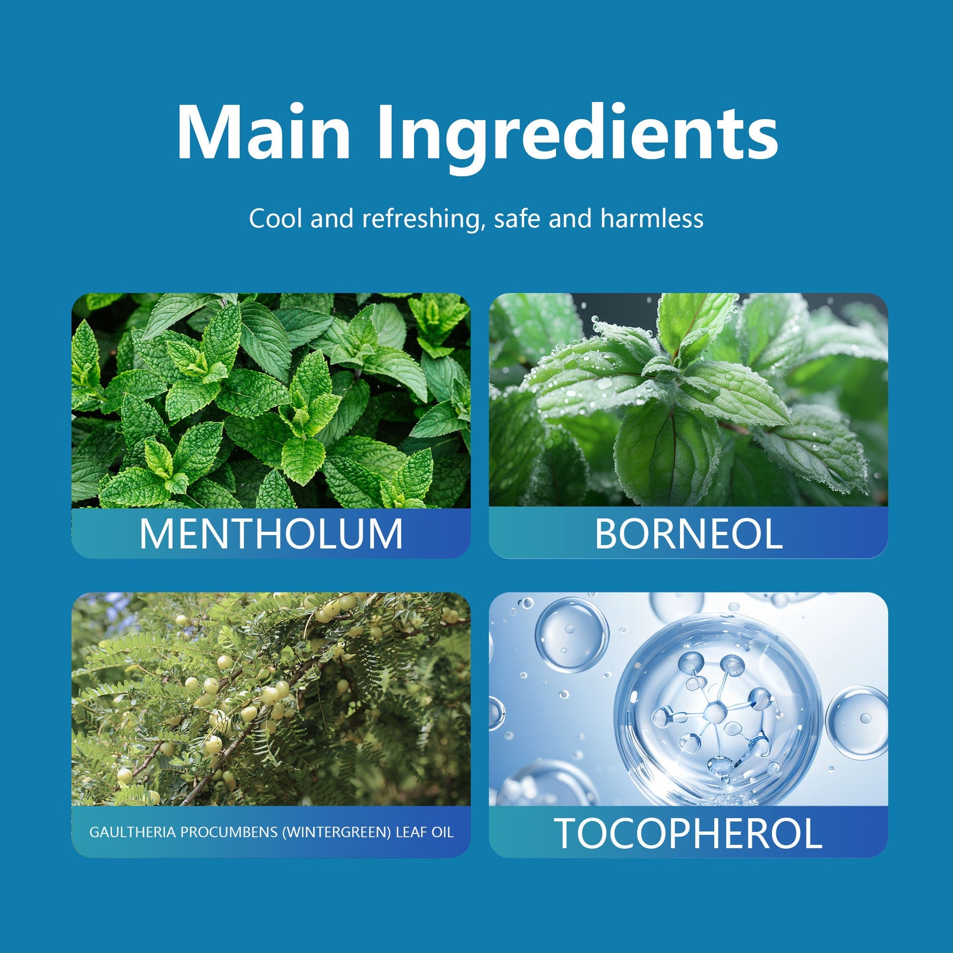 Four core natural ingredients of the peppermint roller essential oil listed