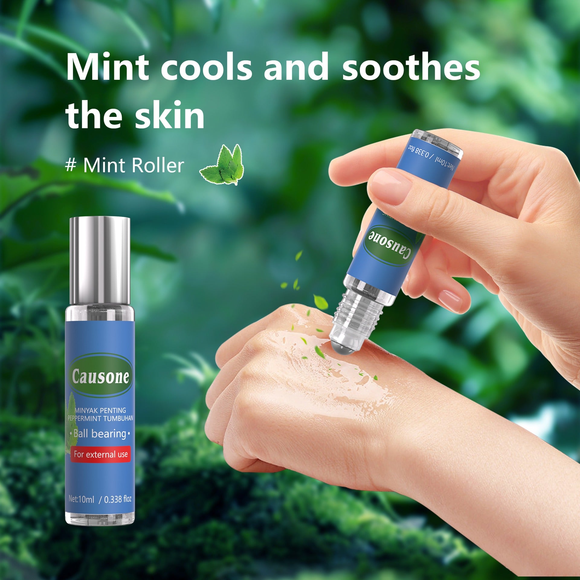 Roll-on mint essential oil rolled directly onto the skin for cooling relief