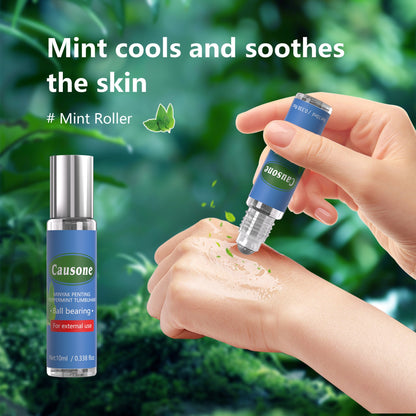 Roll-on mint essential oil rolled directly onto the skin for cooling relief