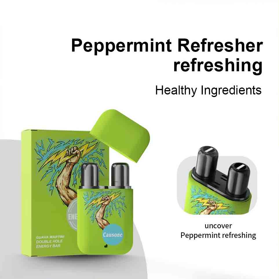 Green peppermint flavored dual nozzle inhaler together with original outer packaging box and close up nozzle view