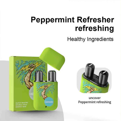 Green peppermint flavored dual nozzle inhaler together with original outer packaging box and close up nozzle view