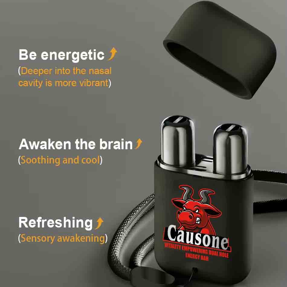Dual nozzle aromatherapy inhaler highlighting energy boosting brain awakening and cooling refreshing effects