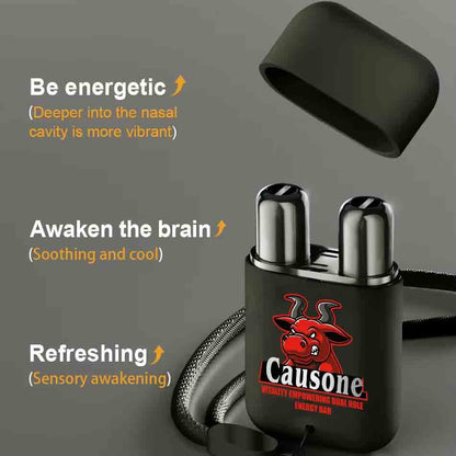 Dual nozzle aromatherapy inhaler highlighting energy boosting brain awakening and cooling refreshing effects
