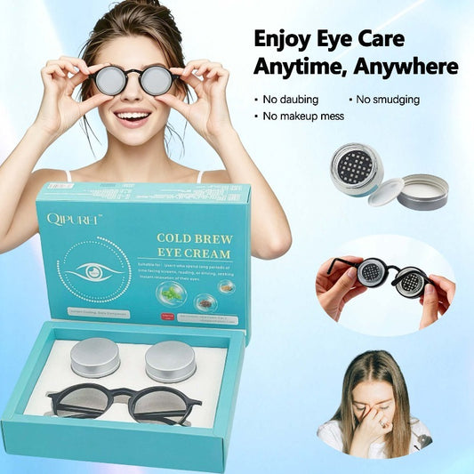 Complete eye care set with eyeglass frames and two eye cream jars shows convenient on-the-go eye relief usage