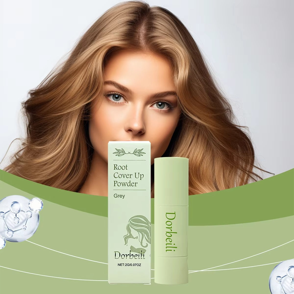 Root touch up powder set with glossy blonde hair model background