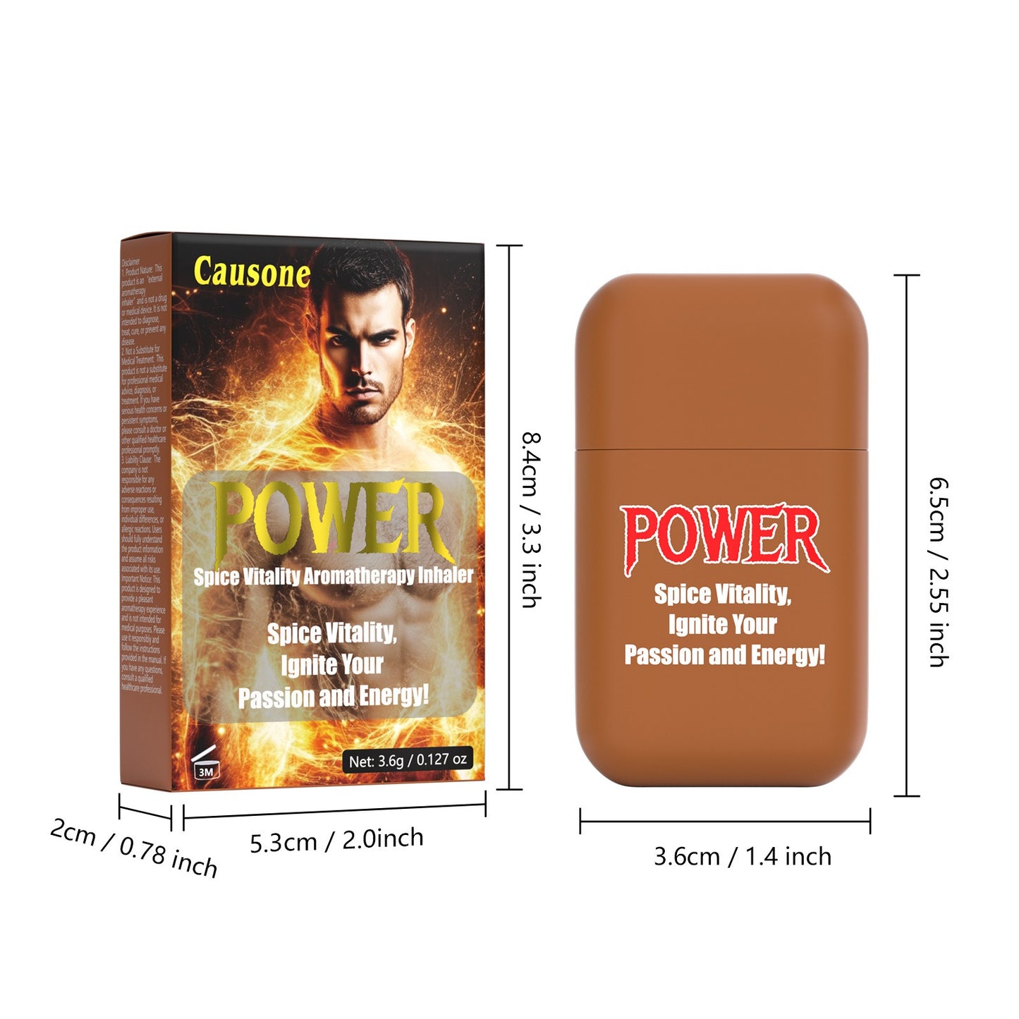 Energy nasal inhaler and retail outer box marked with complete length and width size specifications