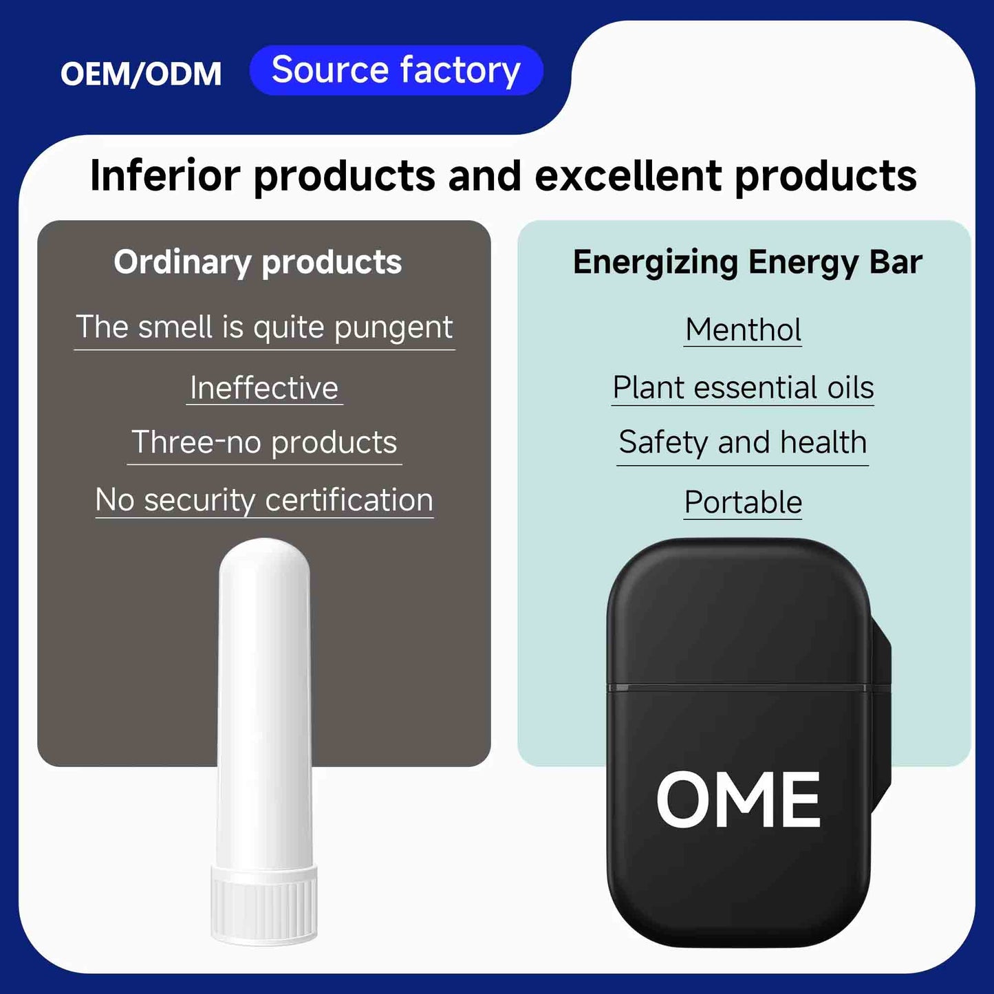 Side by side comparison highlights natural safe ingredients and portability of upgraded nasal inhaler