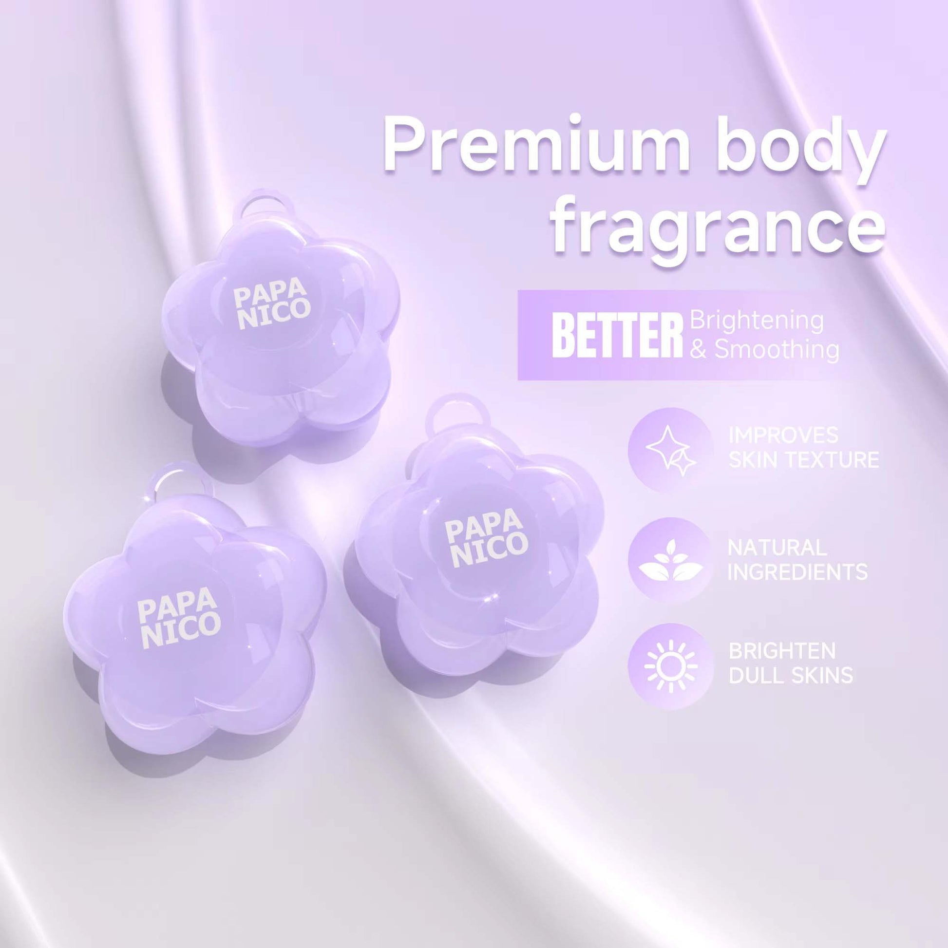 Three purple flower solid perfume balms, natural ingredients brightening smoothing body fragrance balm graphic
