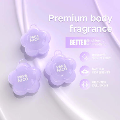 Three purple flower solid perfume balms, natural ingredients brightening smoothing body fragrance balm graphic