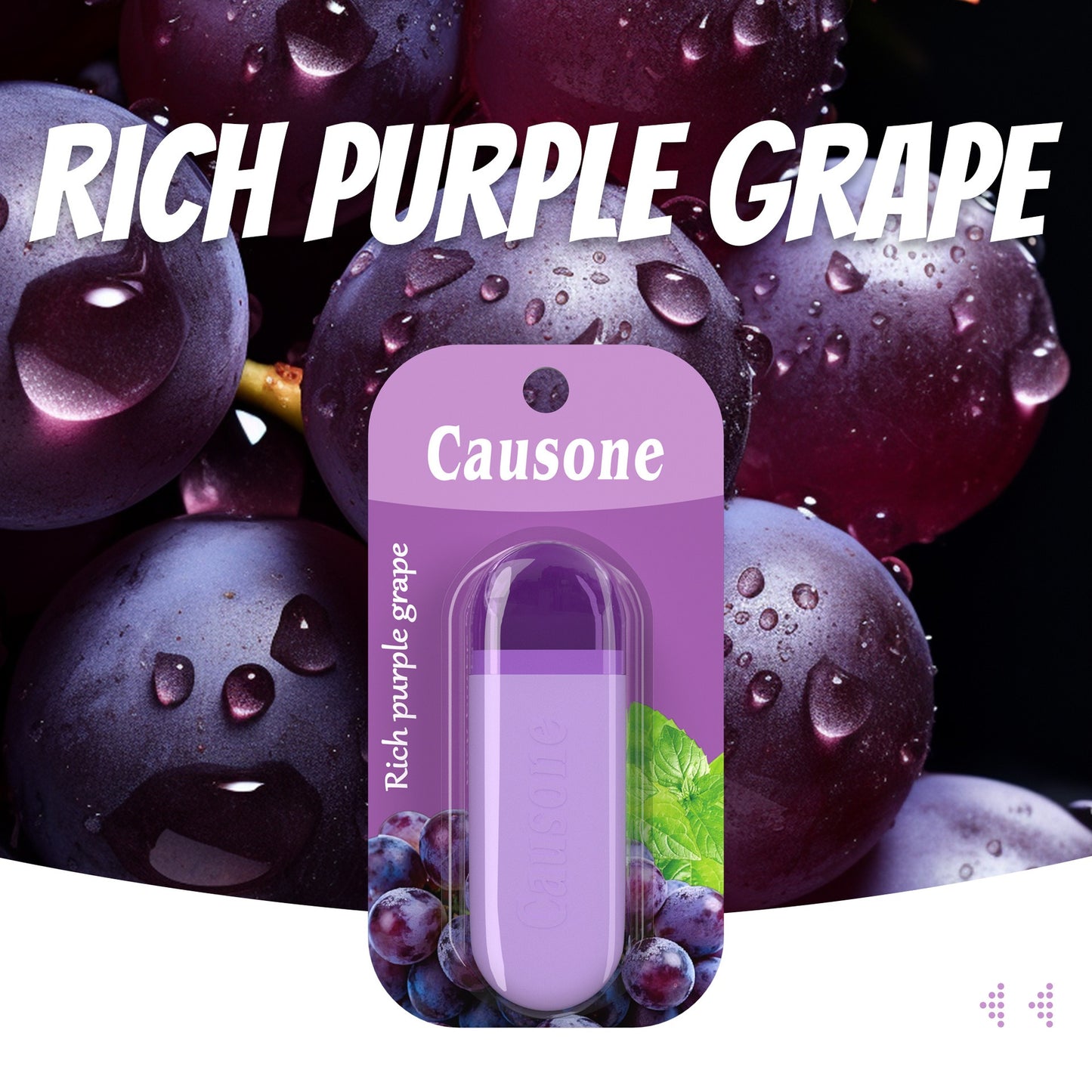 Purple grape aroma nasal inhaler hang card packaging laid on plump dark purple grapes