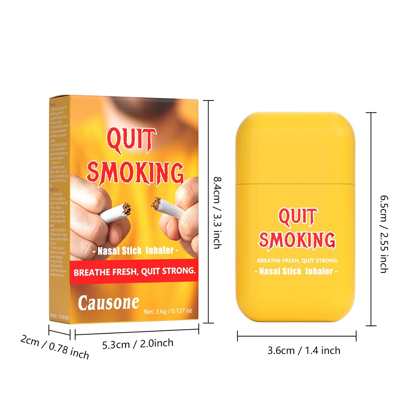 Product carton and yellow inhaler device marked with complete size measurement data