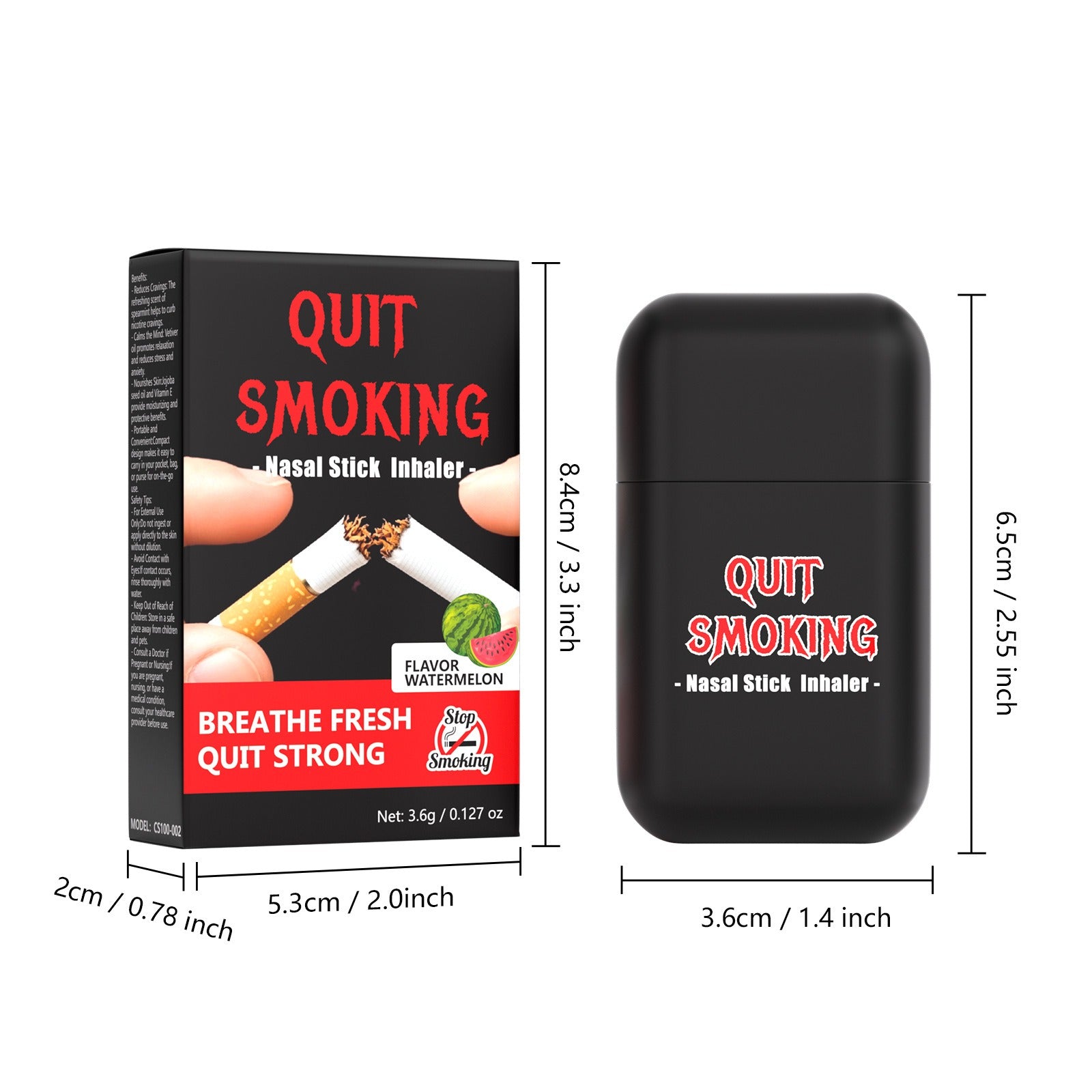 Cessation inhaler device and outer carton marked with complete size specifications