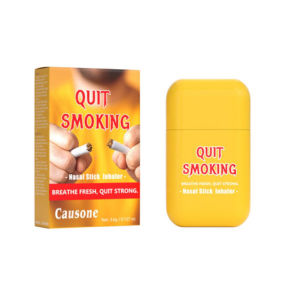 Yellow smoking cessation inhaler and matched outer packaging box displayed side by side