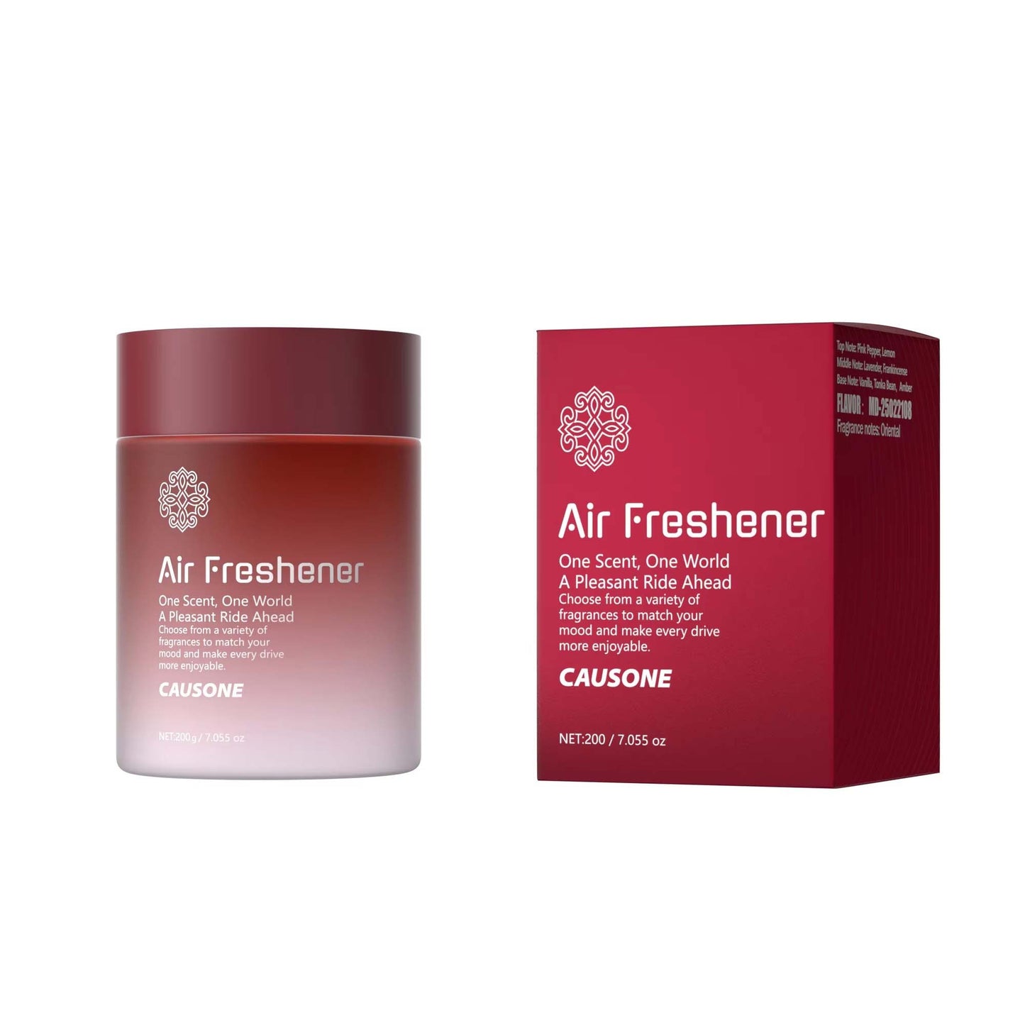 Red solid air freshener can and packaging box isolated on white background