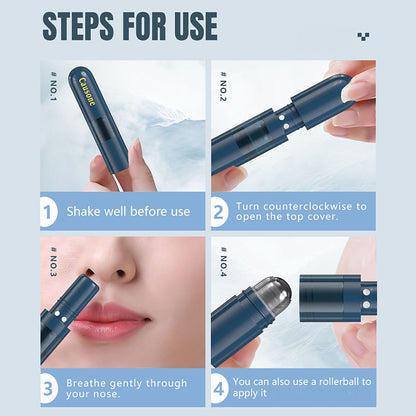 Four simple steps to shake, open, inhale and roll on the comfort stick