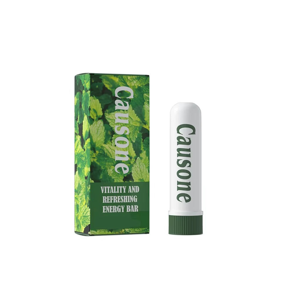 Mint flavor portable refreshing inhaler matched with printed outer packaging box on white background