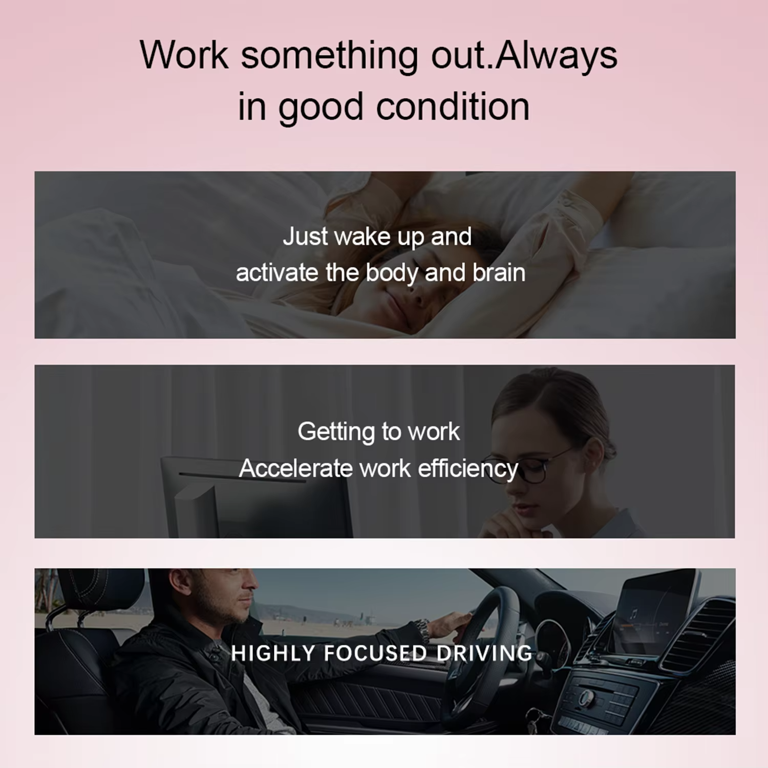 Usage collage showing the inhaler helps refresh after waking up boost work efficiency and stay focused while driving