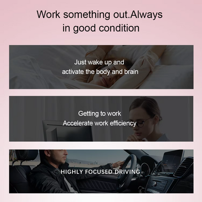 Usage collage showing the inhaler helps refresh after waking up boost work efficiency and stay focused while driving
