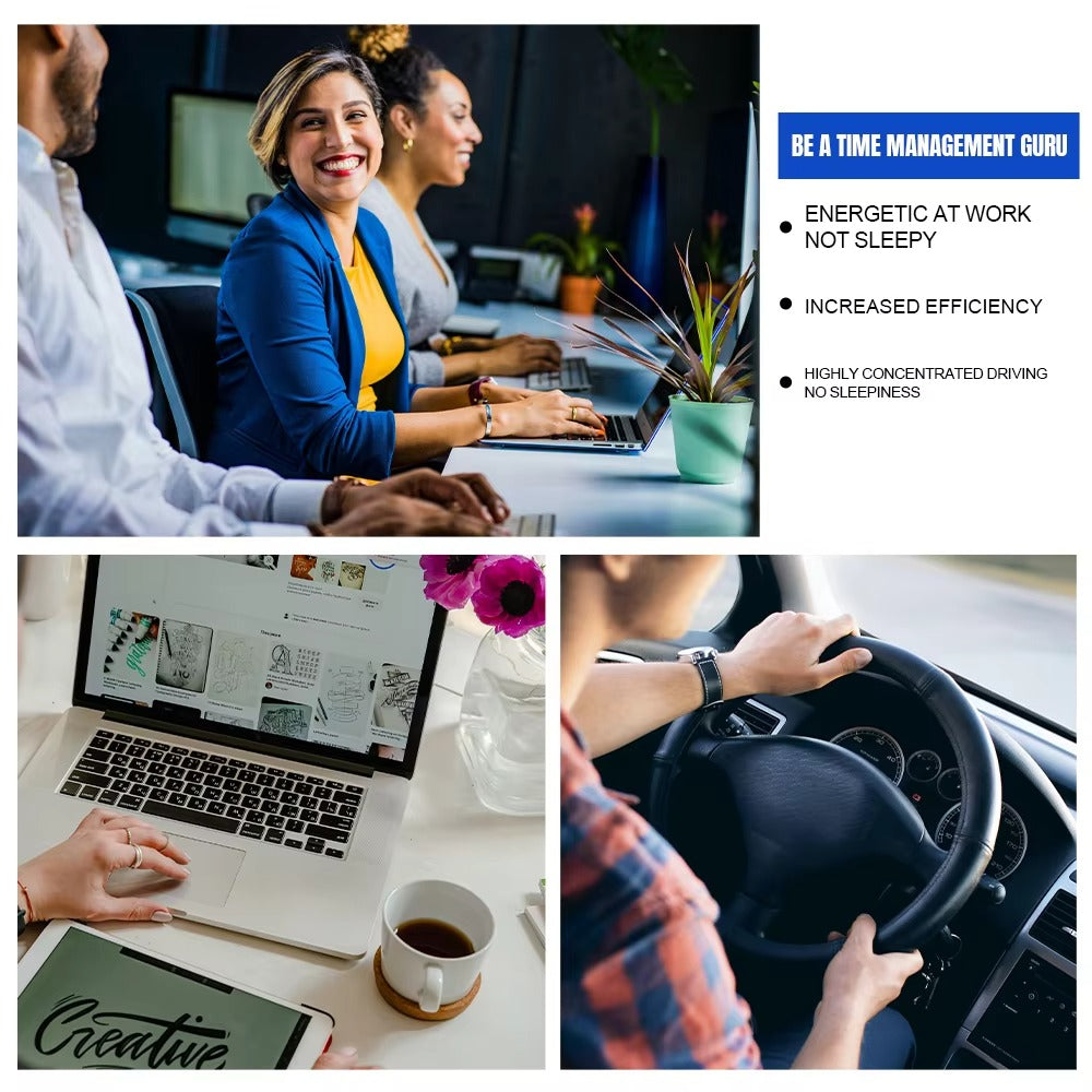 Scene collage showing the inhaler keeps users energetic and focused during office work and long driving trips