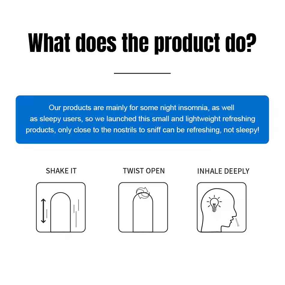 Three step guide showing how to shake twist open and inhale the portable refreshing nasal inhaler