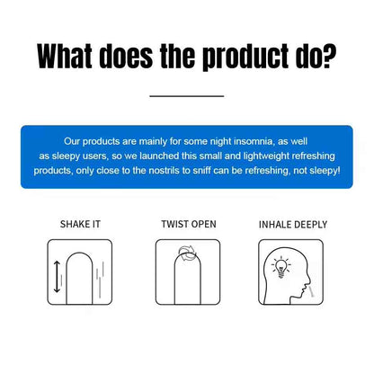 Three step guide showing how to shake twist open and inhale the portable refreshing nasal inhaler