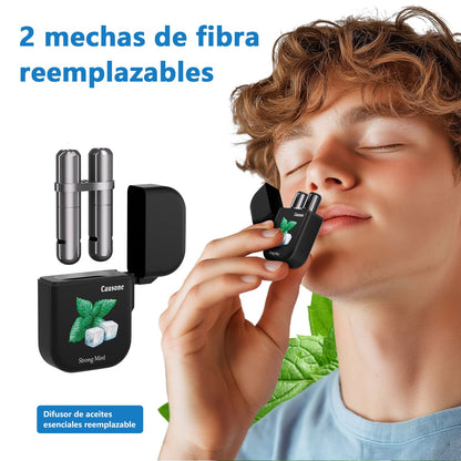 Dual port inhaler with replaceable fiber tips used close to the nose