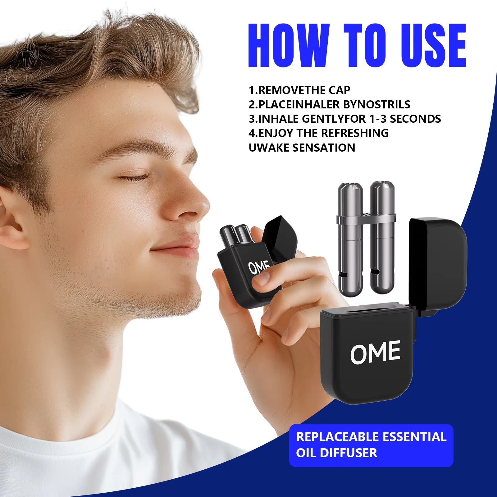 Male user inhales dual tip nasal inhaler following simple operation steps with refillable inner sticks displayed