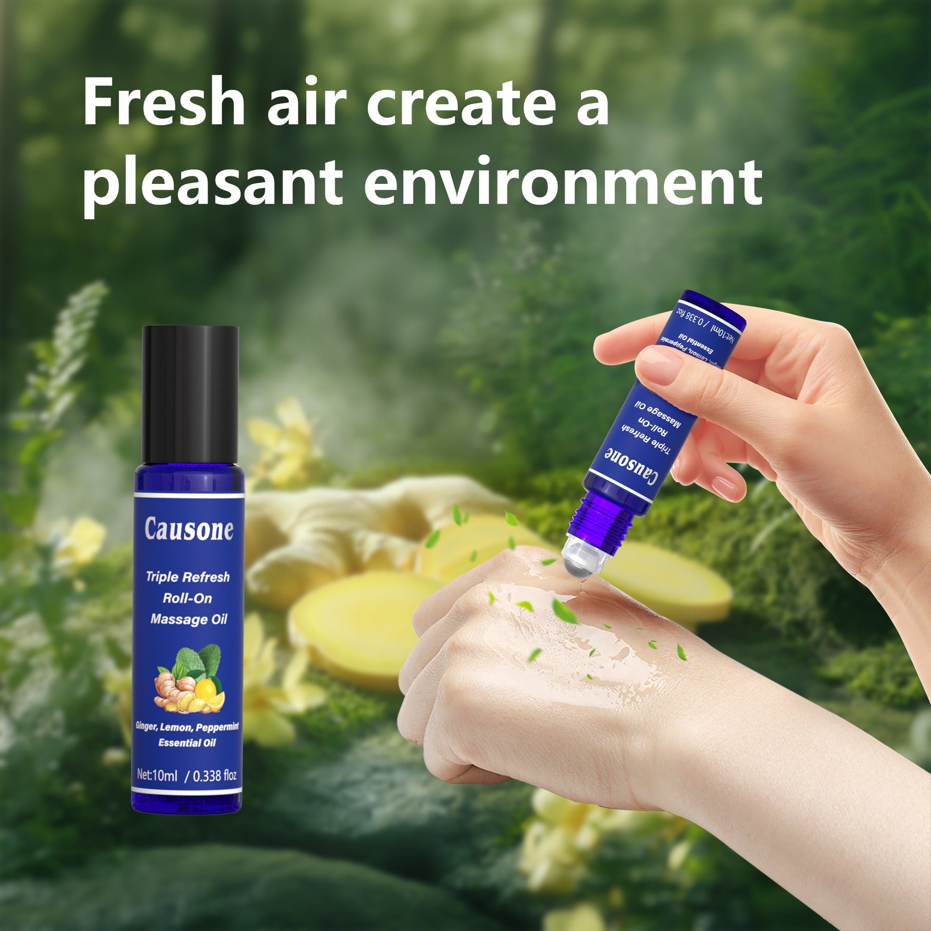 Roll-on massage oil smoothly applied onto the skin for refreshing aromatherapy