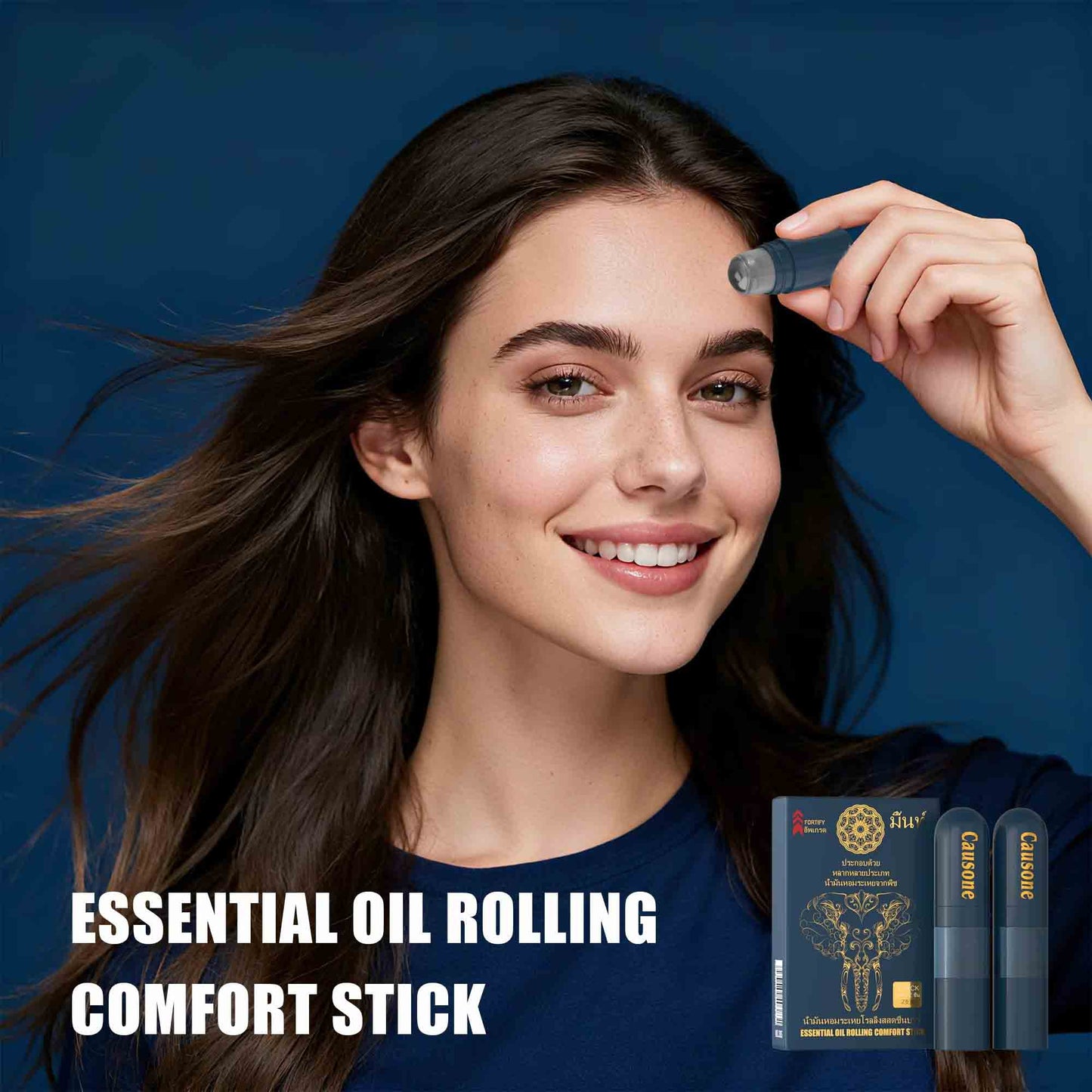 Roll-on essential oil stick applied directly onto the forehead skin