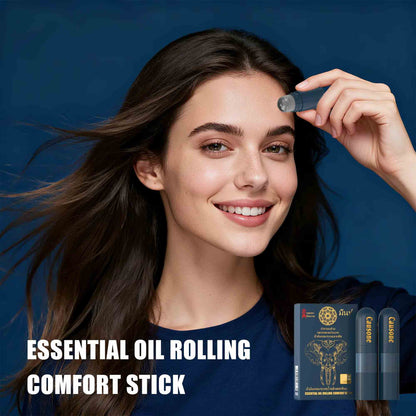 Roll-on essential oil stick applied directly onto the forehead skin