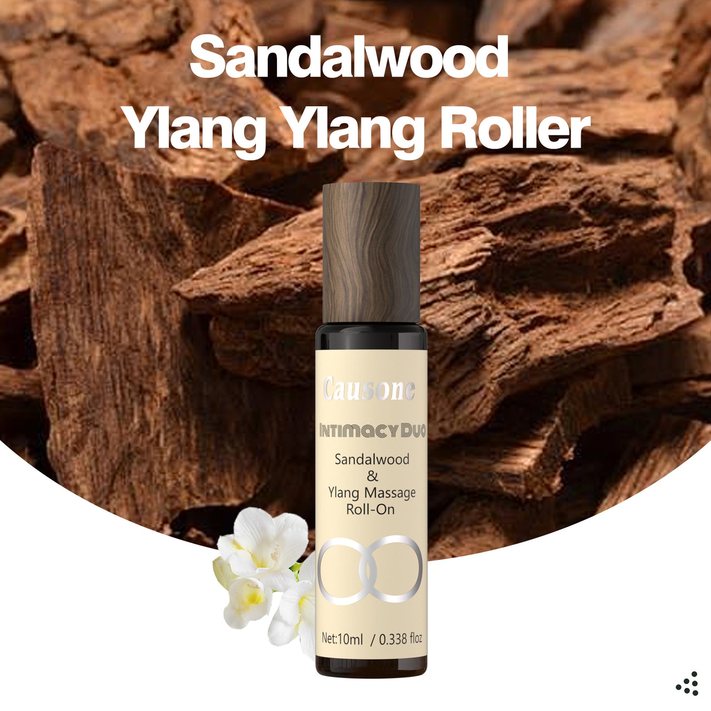 Sandalwood ylang ylang roll-on essential oil displayed with natural floral decor