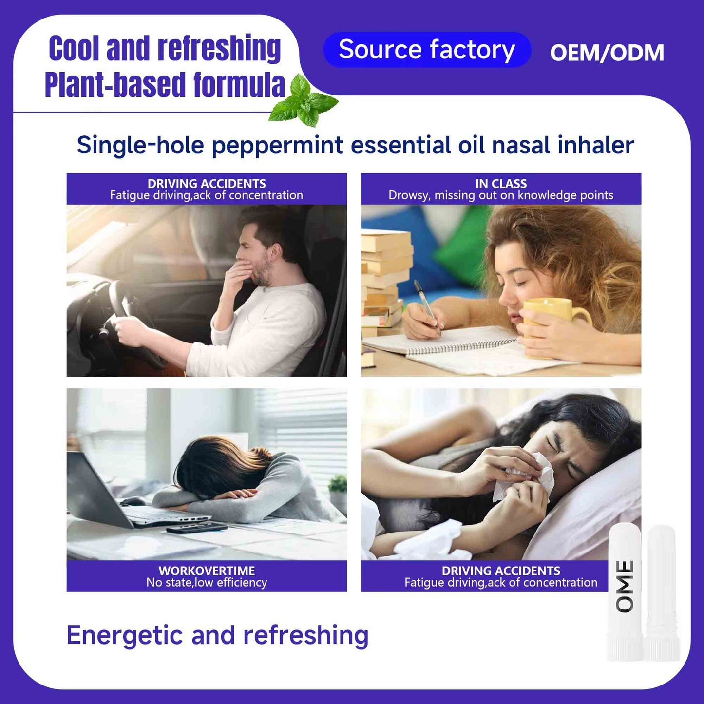 Infographic shows multiple tired scenarios where peppermint nasal inhaler effectively boosts alertness
