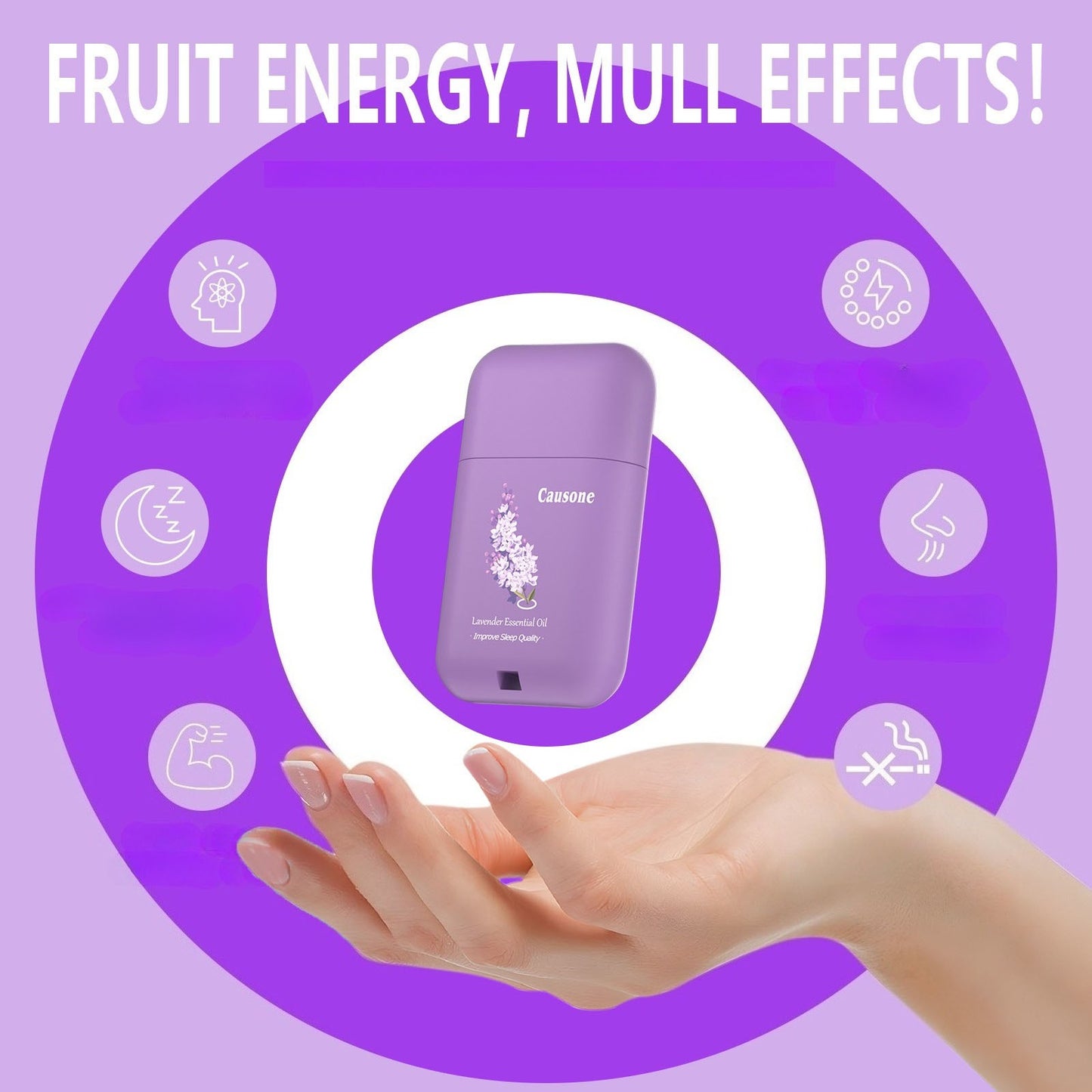 Lavender nasal inhaler displayed with multiple practical functional icons