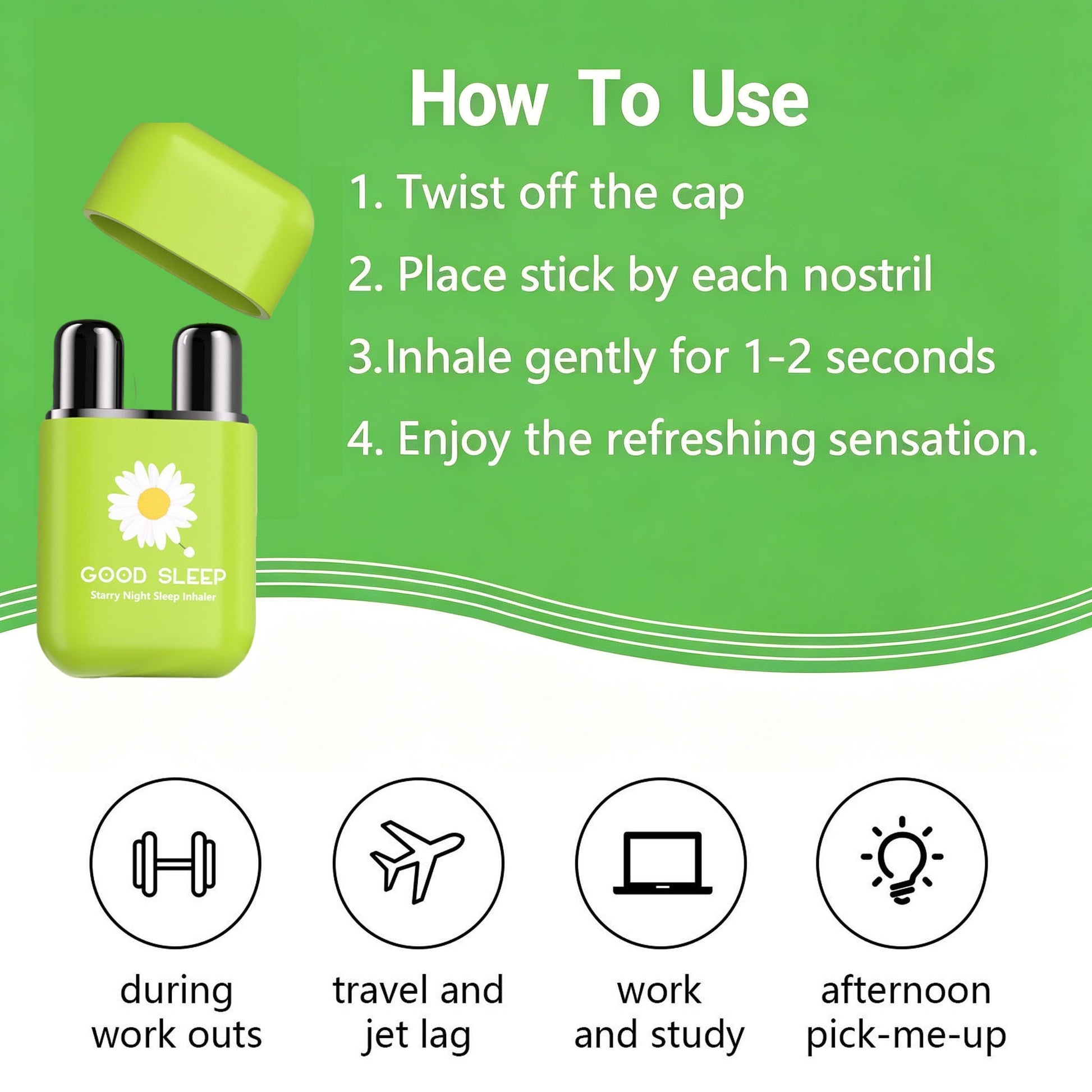 Four simple steps to open position and inhale the dual hole nasal inhaler