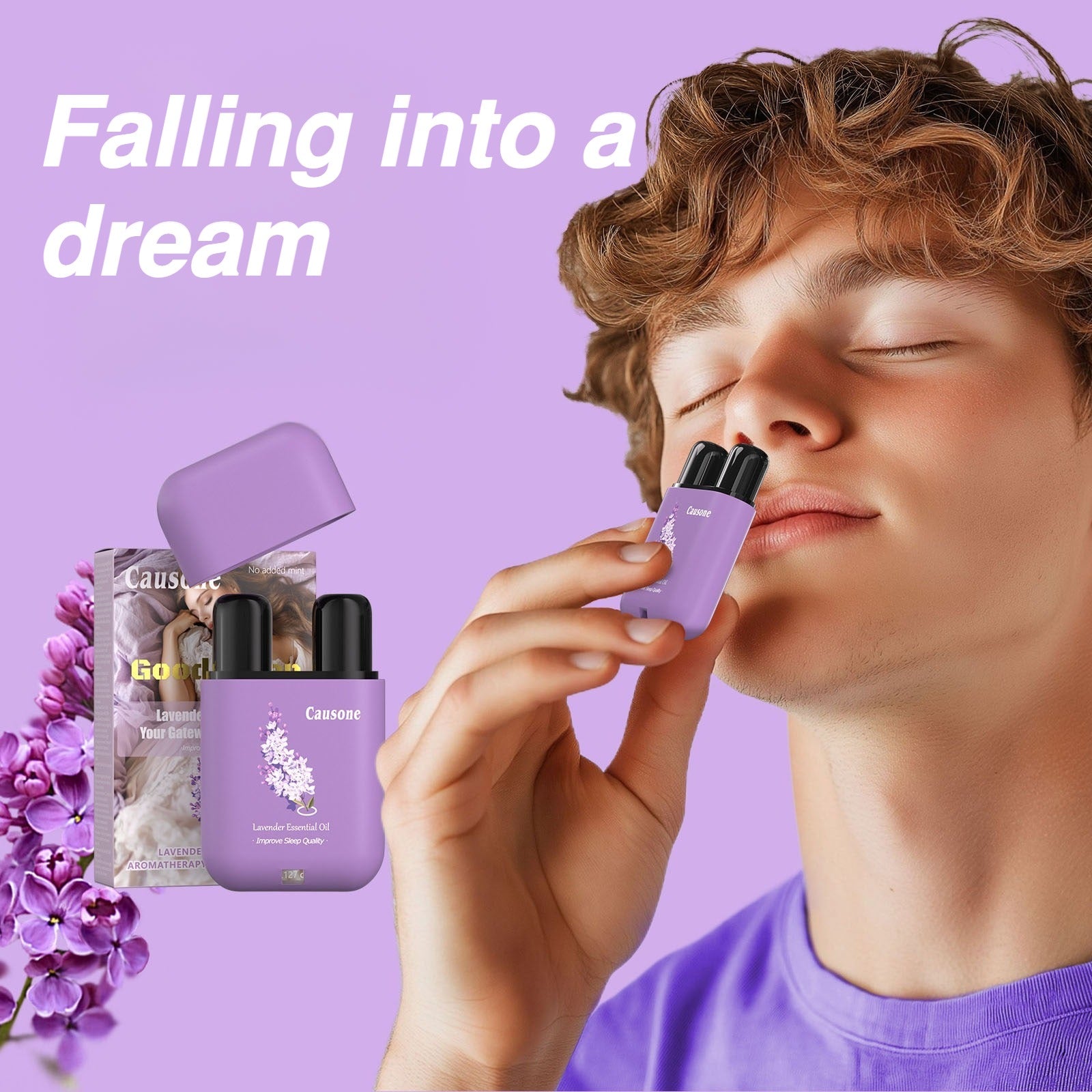 User inhales gently from dual-hole lavender aromatherapy nasal inhaler