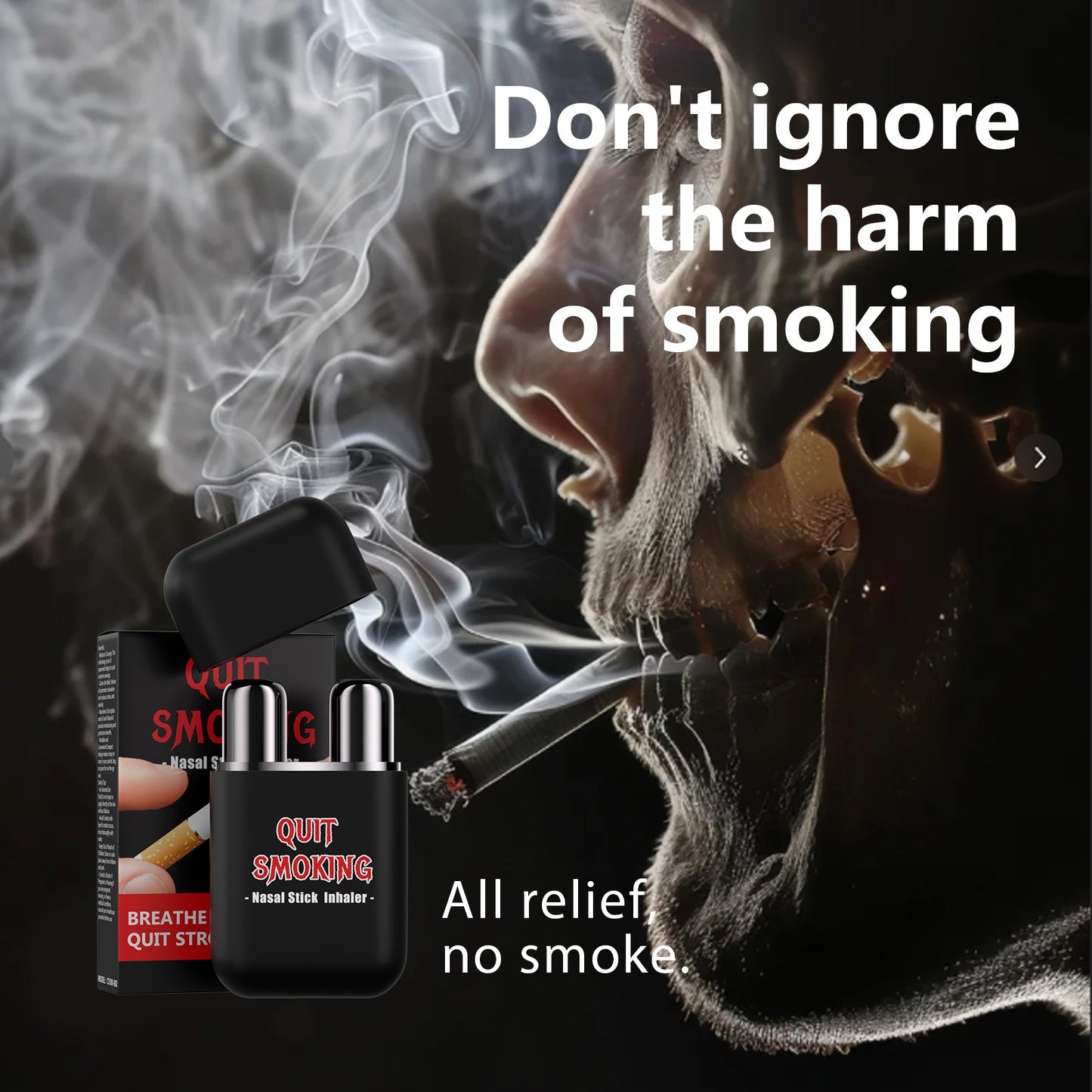 Health warning layout showing smoke hazards and smoke free craving relief inhaler