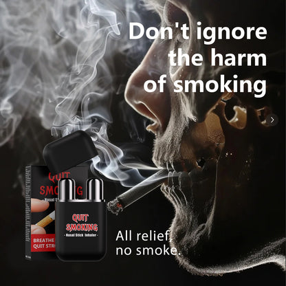 Health warning layout showing smoke hazards and smoke free craving relief inhaler