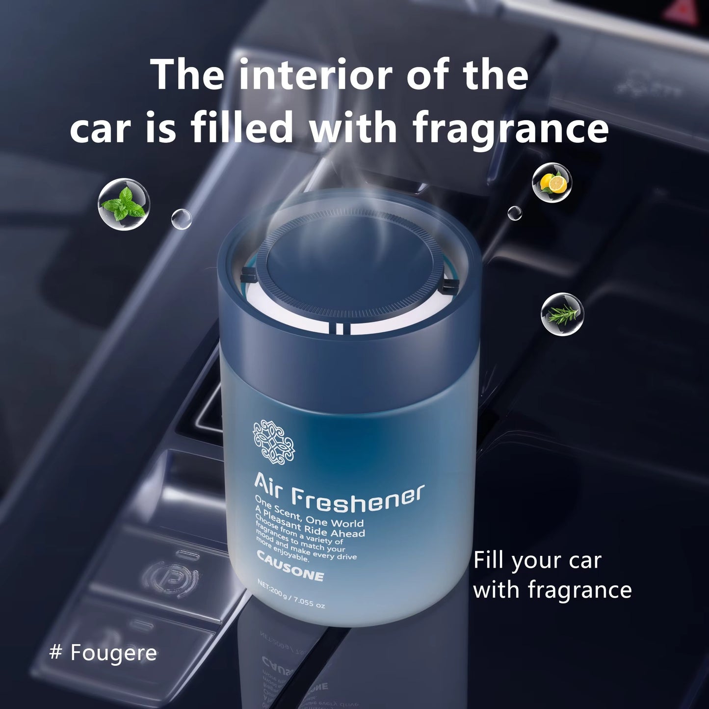 Blue solid aroma freshener placed on car console releasing soft scent