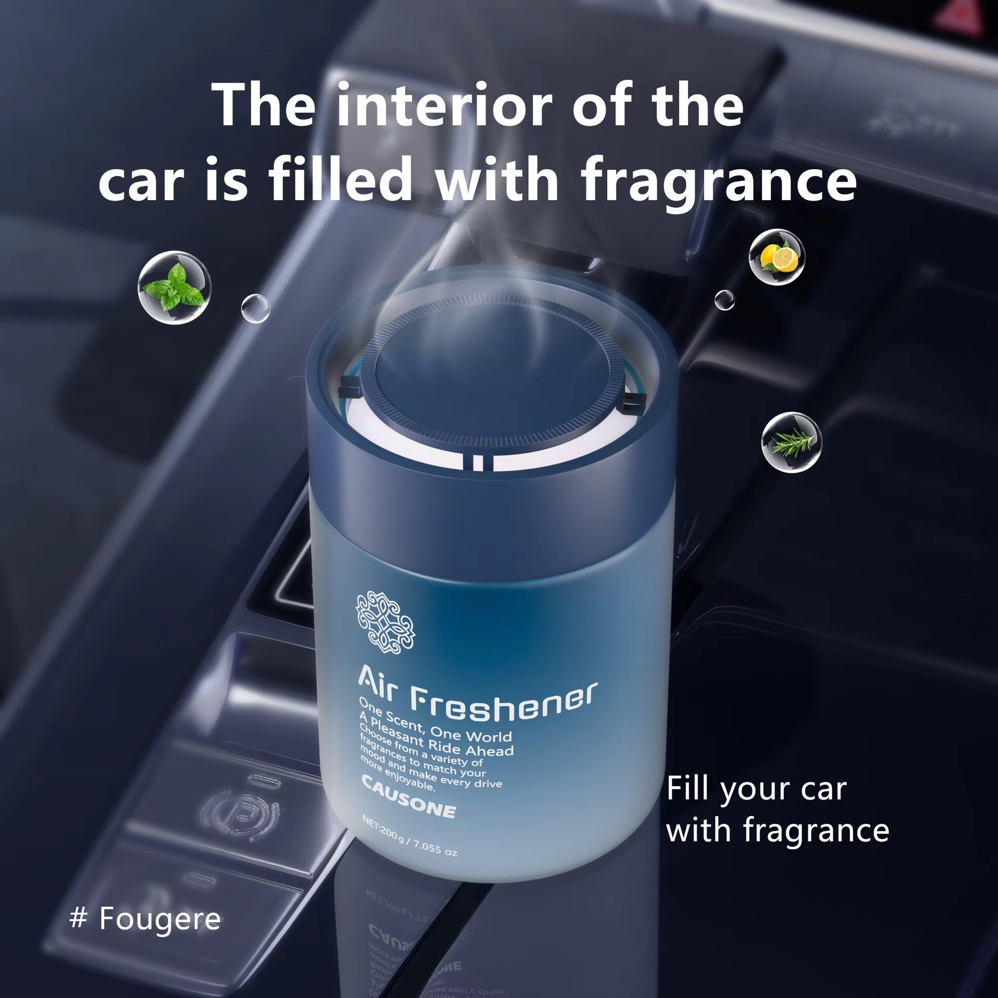Blue solid aroma freshener placed on car console releasing soft scent