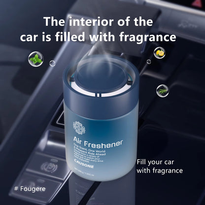 Blue solid aroma freshener placed on car console releasing soft scent
